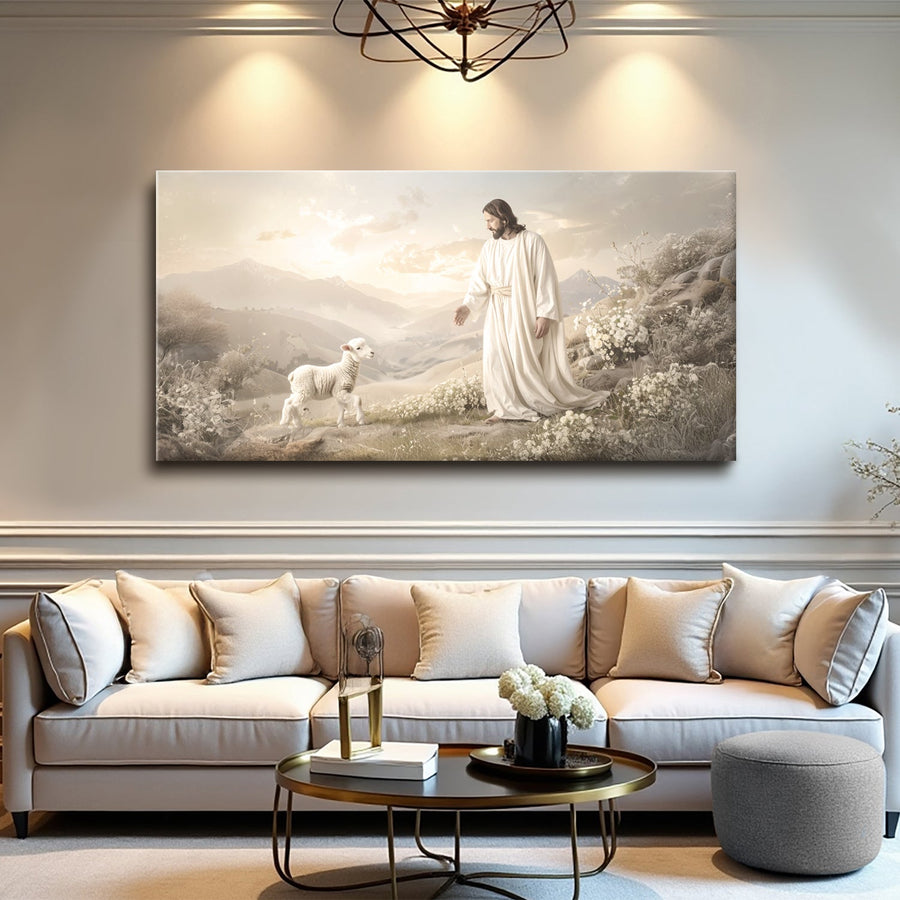 Jesus Protects the Lamb from Wolves Christian Canvas Wall Art